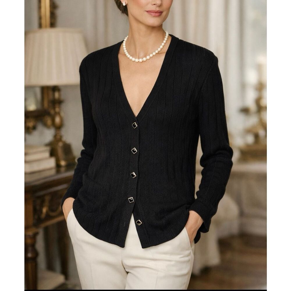 St John Black Santana Knit Cardigan Button Front Size 14 Classic